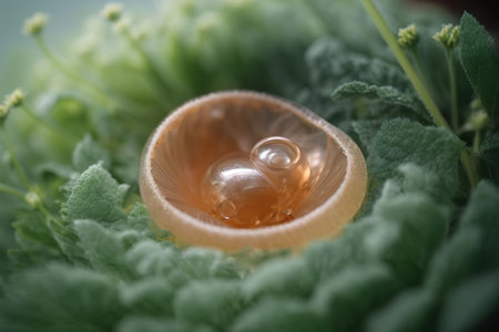 Close up view of a snail shell on a green leaf background.の素材