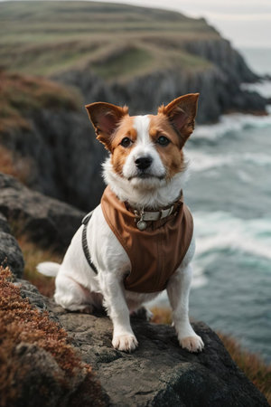 Jack russell terrier dog sitting on a cliff by the oceanの素材