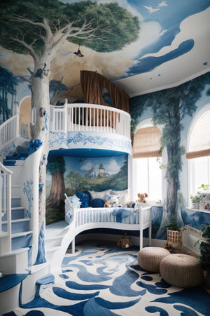 Interior of a children's room with a blue and white bedの素材