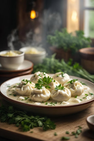 Meat dumplings - Russian pelmeni with sour creamの素材
