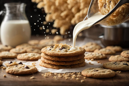Pouring milk into a stack of oatmeal cookies on wooden tableの素材
