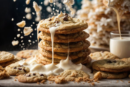 Pouring milk on a stack of cookies with chocolate and raisinsの素材