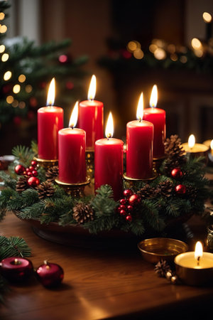 Christmas wreath with burning candles on wooden table, closeup viewの素材