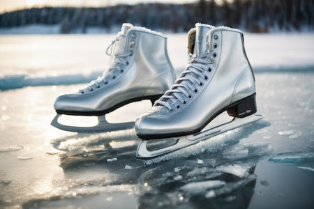 White ice skates on the ice of the frozen lake in winterの素材