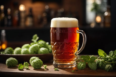 Mug of beer with hop and mint on wooden table in pubの素材