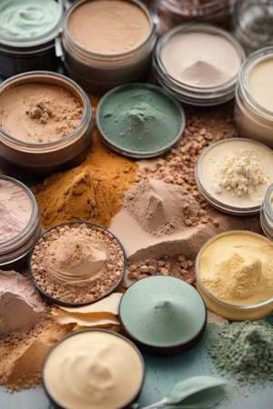 Different types of face powder in jars on light background, closeupの素材
