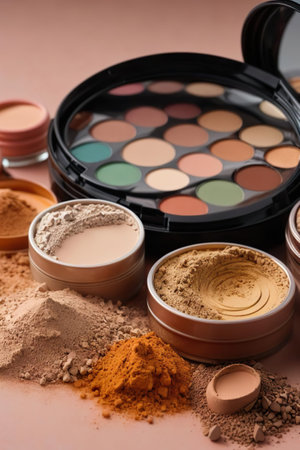 collection of make up and cosmetic beauty products arranged on brown background, each one is shot separatelyの素材