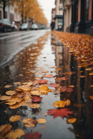 Rainy day in the city. Fallen leaves on the street.の素材
