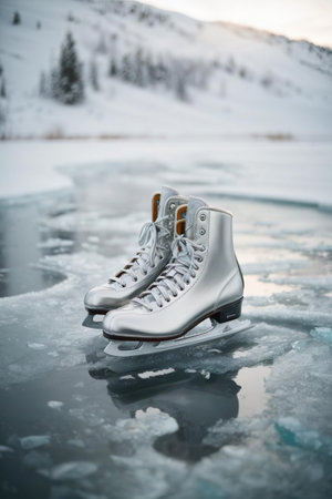 Pair of white ice skates on the ice of frozen lakeの素材