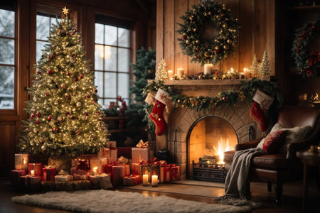Christmas living room with fireplace, christmas tree, presents and fireplaceの素材