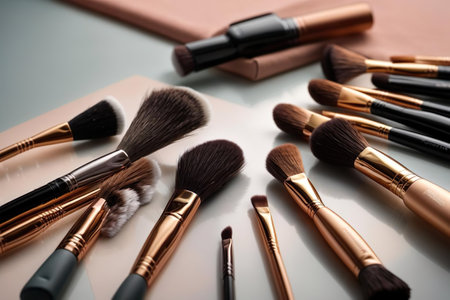 Makeup brushes and cosmetics on a white background. Beauty and fashion.の素材