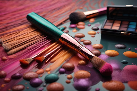 Makeup brushes and cosmetics on colorful background, close-up.の素材