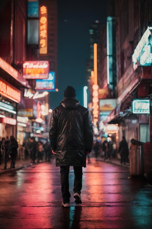 Man walking in Times Square at night, New York City, USAの素材