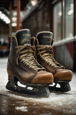old ice skates on the ice in a hockey rink, retro styleの素材