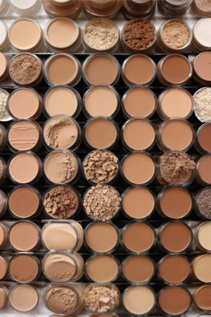 Set of make up powder eyeshadow in a row, top viewの素材