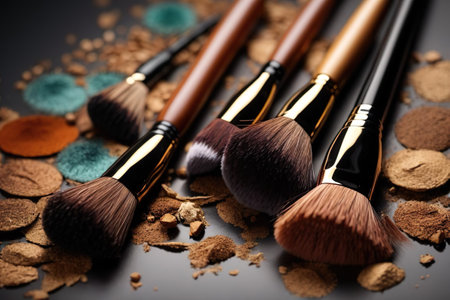 Make-up brushes and powder on a black background. Selective focus.の素材