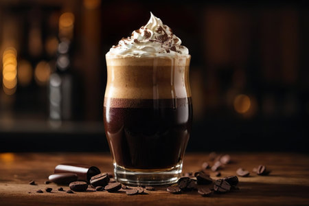 Coffee with whipped cream in a glass on a bar counterの素材