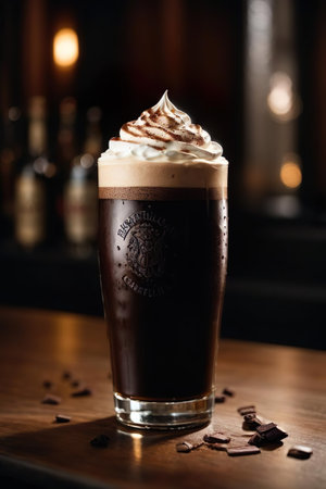Coffee with whipped cream in a tall glass on a dark backgroundの素材