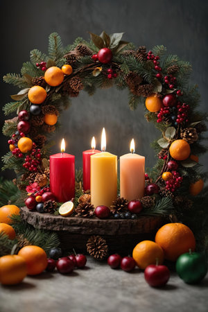 Christmas wreath with burning candles, tangerines and pine conesの素材