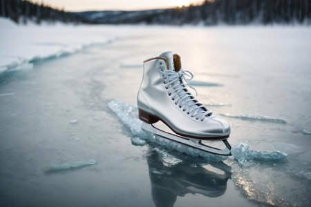 White ice skates on the ice of a frozen lake in winterの素材