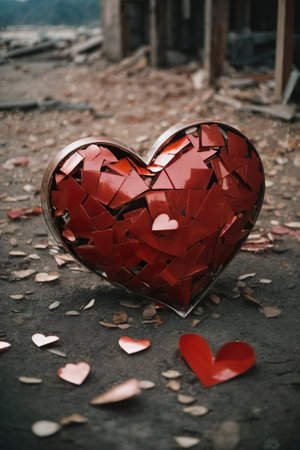 Broken glass heart on the ground. Valentine's day concept.の素材