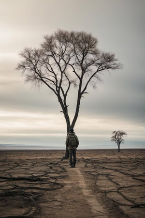 A lonely tree in the desert with a man standing on the groundの素材