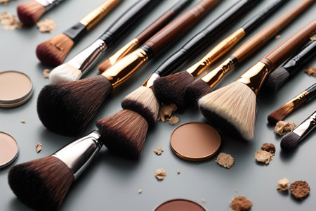 Makeup brushes and powder on gray background, closeup. Cosmetic productsの素材