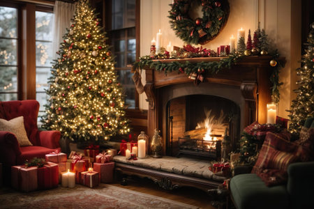 Christmas living room interior with fireplace, Christmas tree and presents on backgroundの素材