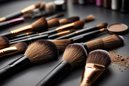 Makeup brushes and cosmetic powder on black background, close-upの素材
