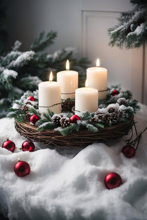 Christmas wreath with burning candles on the snow. Christmas background.の素材