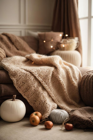 Cozy home interior with knitted plaid, pumpkins and candlesの素材