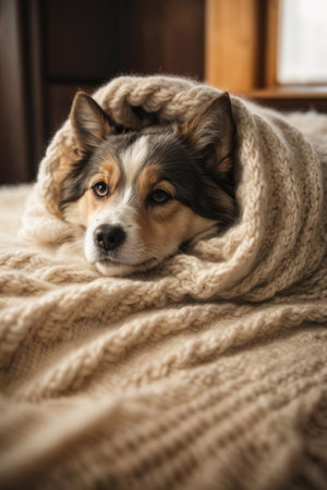 Cute dog under warm knitted plaid on sofa at homeの素材