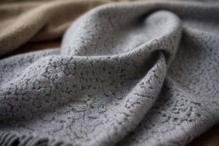 Gray knitted scarf on a wooden background. Close-up.の素材