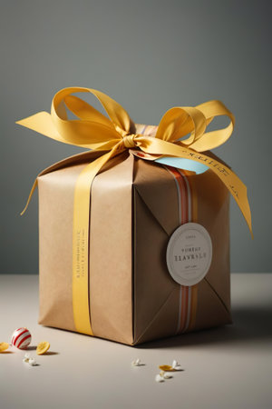 Gift box with ribbon and bow on gray background, closeupの素材