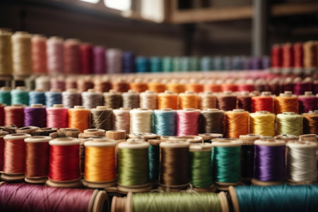 Colorful spools of thread in a textile factory. Selective focus.の素材
