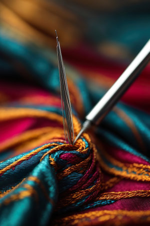 needle and thread for sewing on fabric close-up macro photoの素材