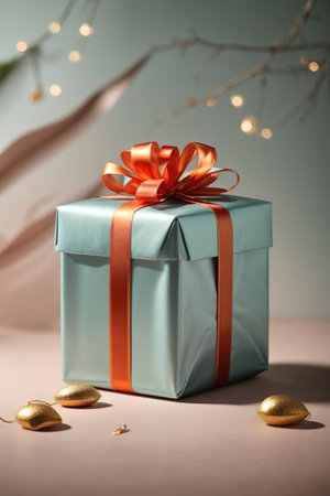 Gift box with red ribbon and golden hearts on a light backgroundの素材