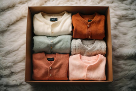 Box with different baby clothes on faux fur, top view. Baby wardrobeの素材