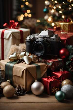 Christmas gifts and camera on wooden table with Christmas tree in the backgroundの素材