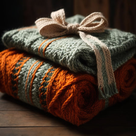 Stack of warm knitted sweaters on wooden background, closeupの素材