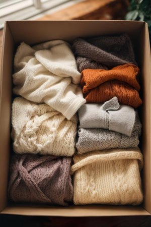 Pile of knitted sweaters in box, closeup viewの素材