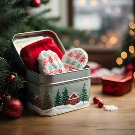Christmas decoration with knitted mittens in a gift box on a wooden backgroundの素材