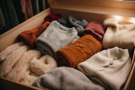 Folded warm sweaters in open wardrobe drawer, closeup viewの素材
