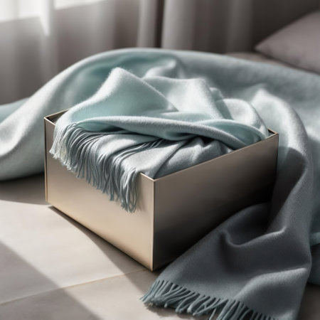 Open gift box with blue knitted blanket on bed in morning lightの素材