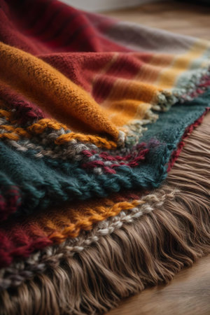 Knitted woolen plaid on a wooden background close-upの素材