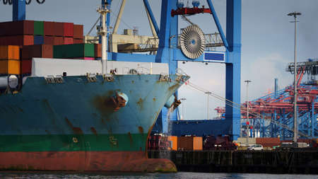 Large container ship at the terminal in Hamburg