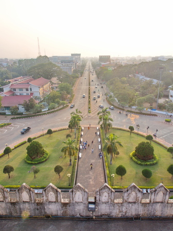 Patuxai is a war monument in the centre of Vientiane, Laos, built in 1957. The Patuxai was dedicated to those who fought in the struggle for independence from France.Travel in Laos in 2013, 8th December.のeditorial素材