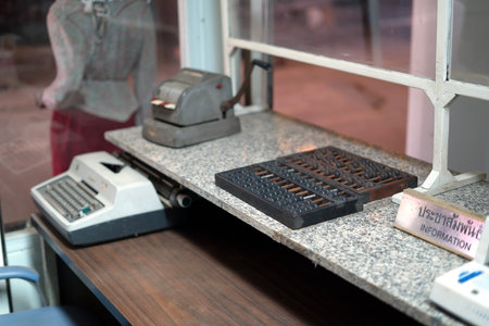 Vintage 50s Bank Office with Retro Calculation Equipment and banking Money Machine.Good Memory to the Pastの写真素材