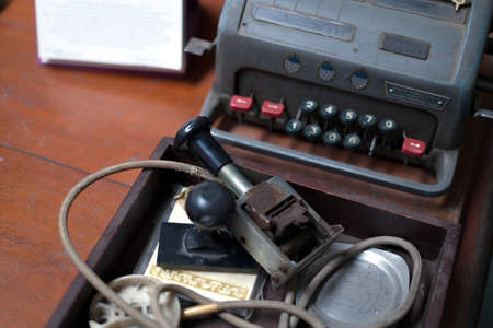Vintage 50s Bank Office with Retro Calculation Equipment and banking Money Machine.Good Memory to the Pastの写真素材