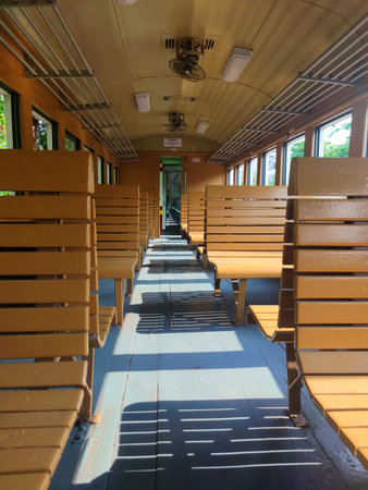 Seats on the Thai Vintage Train. Inside Retro Cabin Car at Hua Lamphong Station or Bangkok Central Railway Station. Bangkok, Thailand. March 5th, 2022のeditorial素材